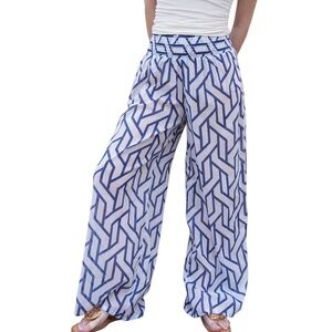 Debbie Katz Zole White & Blue Geometric Print Palazzo Wide Leg Pants - S